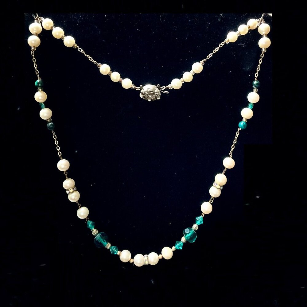 21” genuine 8mm & 6mm pearl necklace with aquamarine Swarovski and malechite